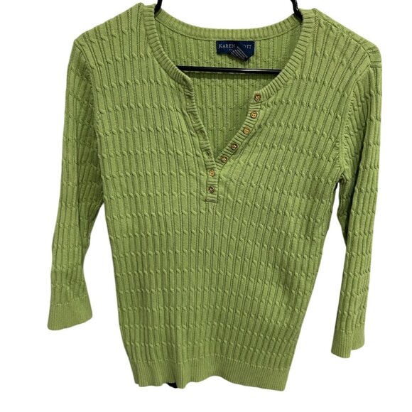 Karen Scott Petite Green Cable Knit 3/4 Sleeve Button Front Sweater Sz P Henley - Picture 1 of 9